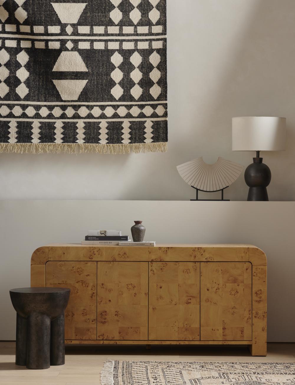 Natural Poplar Burl Wood Curved Waterfall Media Console Sideboard Storage Cabinet 65 inch