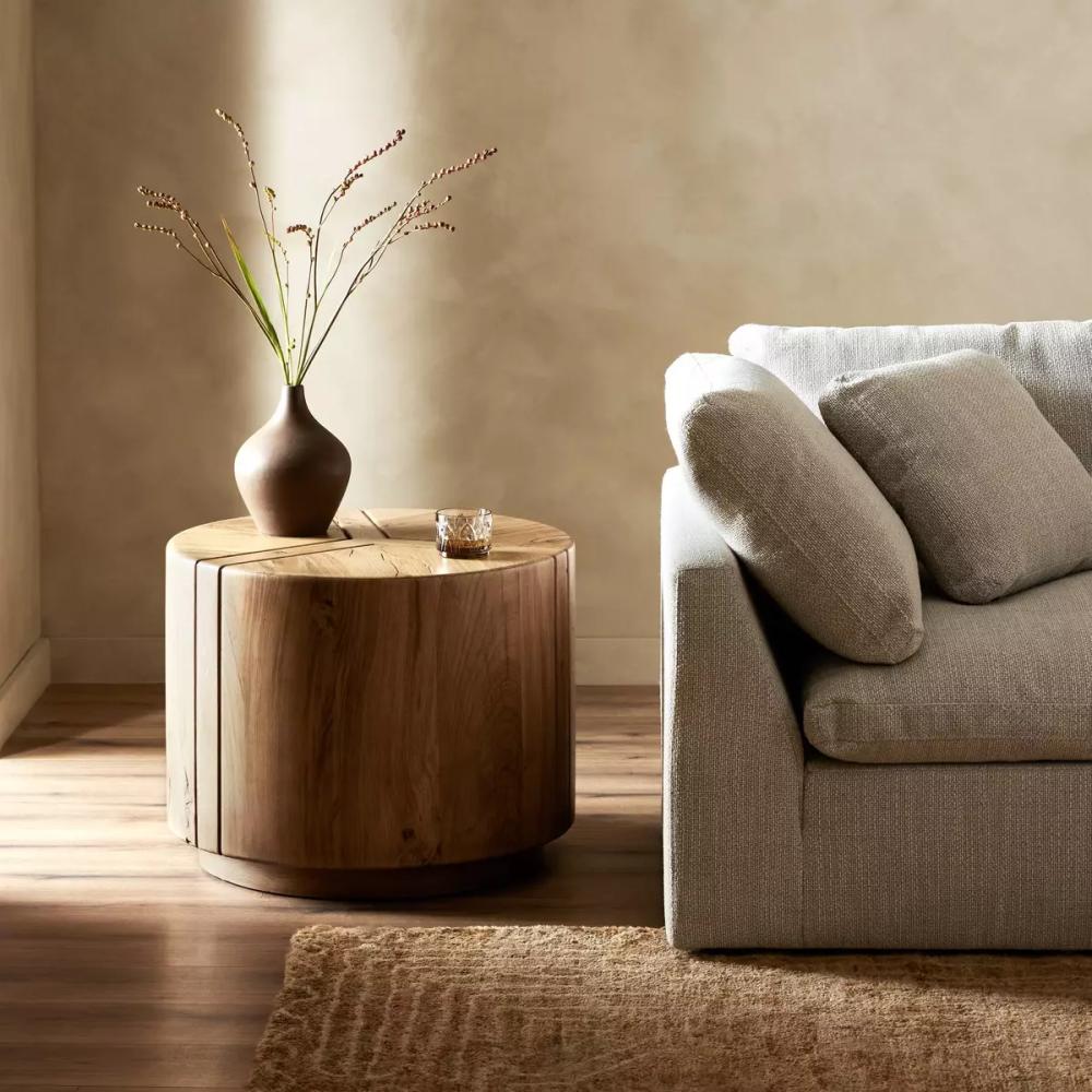 Natural Reclaimed French Oak Solid Wood Round Drum Side Table 26 inch