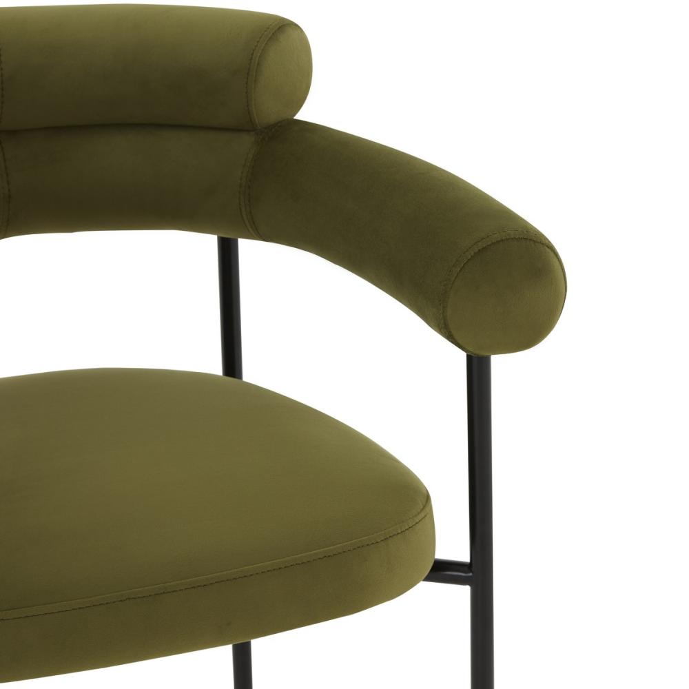Olive Green Velvet Curved Bolster Back Dining Chair Armchair Black Metal Frame
