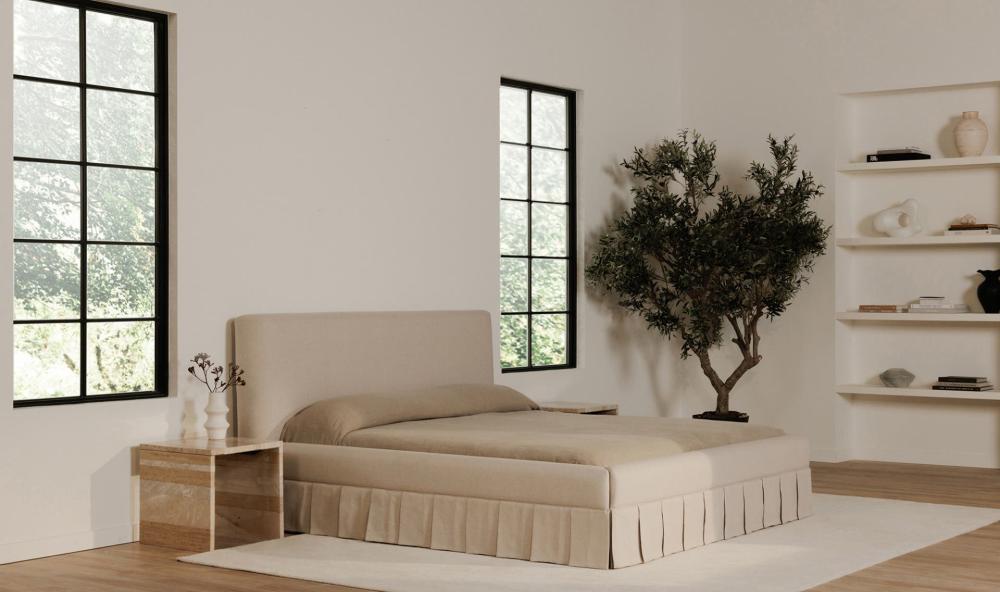 Rounded Corner Beige Box Pleat Fully Upholstered Queen Bed Frame