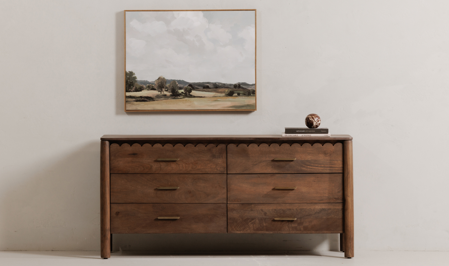 Scalloped 6 Drawer Double Dresser Brown Mango Wood 73 inch