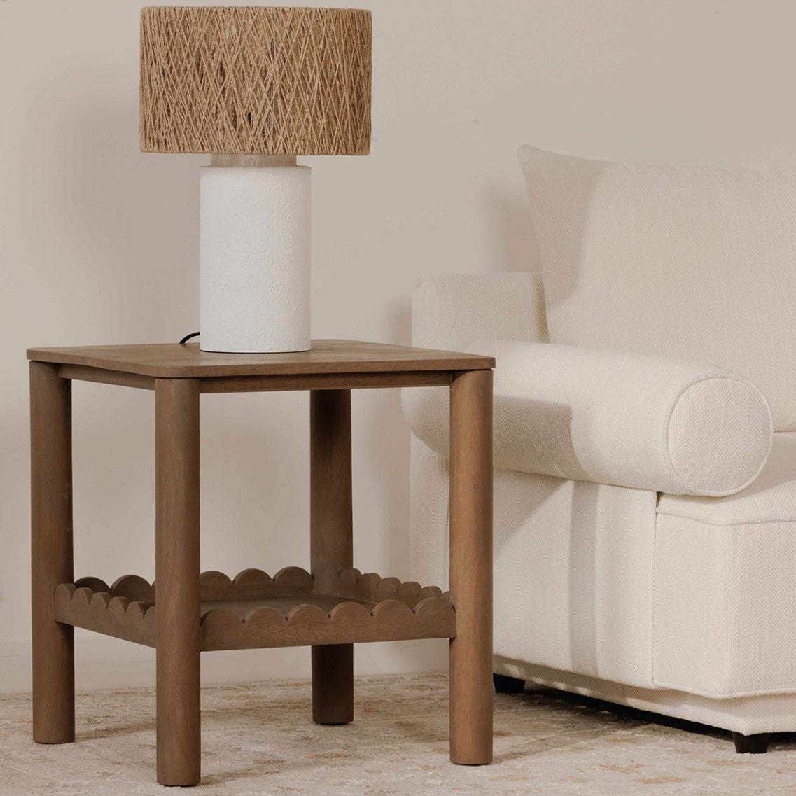 Scalloped Brown Mango Wood Square Side Table 20 inch