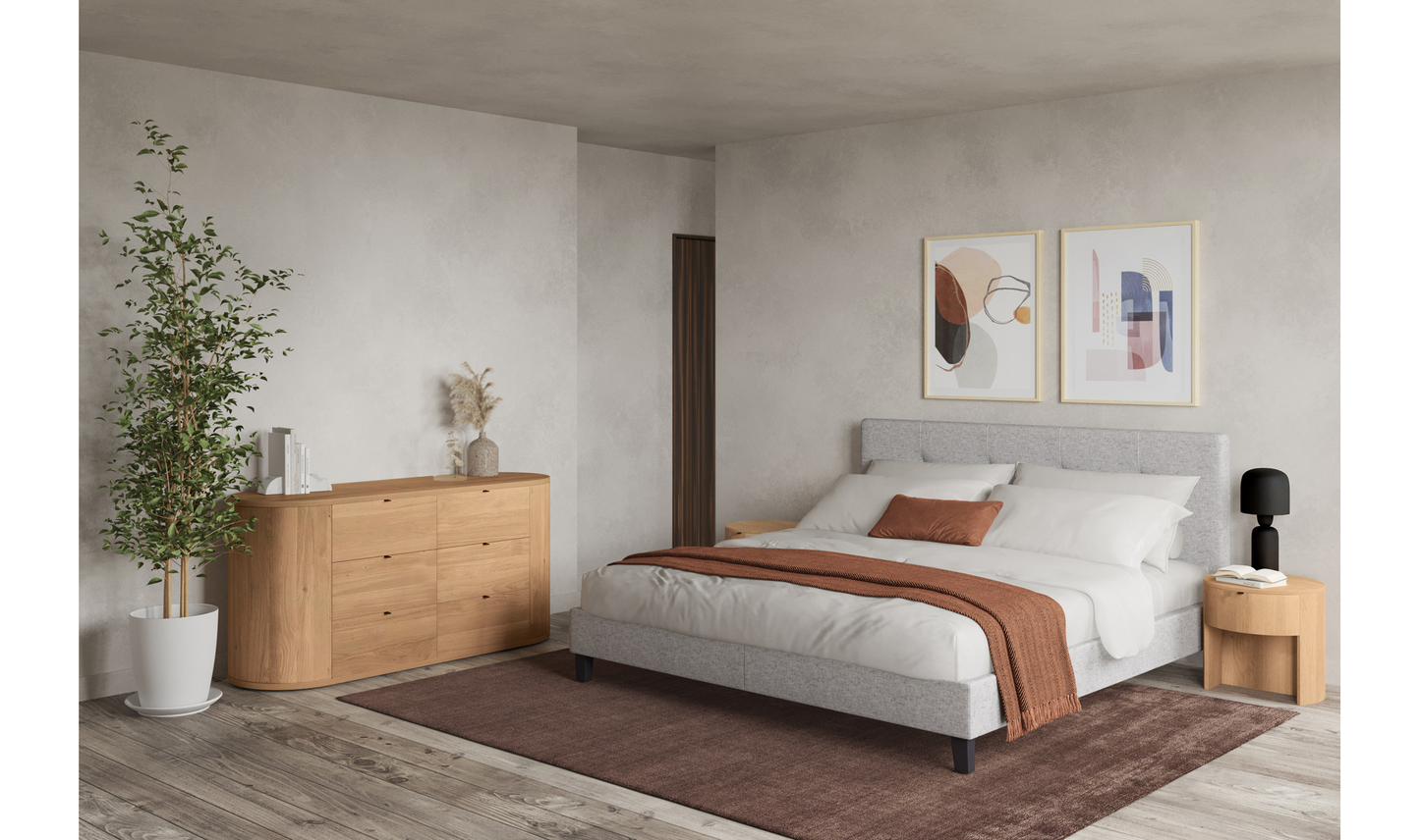 Scandi Style Rounded 6 Drawer Double Dresser Solid Oak Wood 66 inch