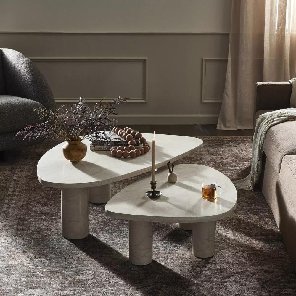Solid Cream Marble Freeform Low Profile Nesting Coffee Table (Set of 2)