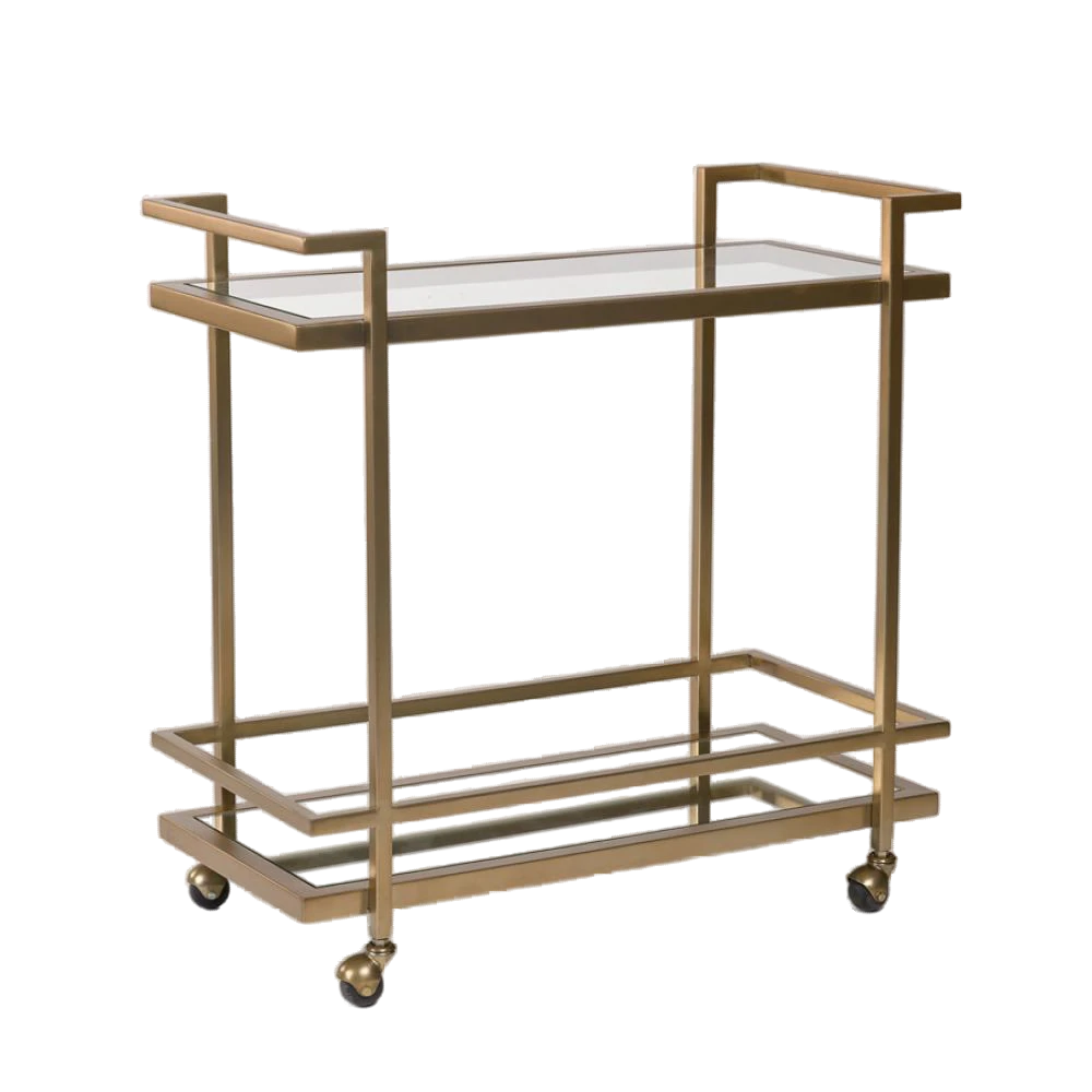 Two Tier Antique Brass & Glass Rectangle Bar Cart Server with Wheels