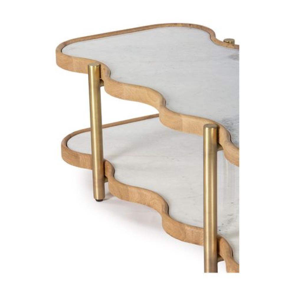 Wavy Edge Coffee Table Solid FSC Certified Oak White Marble & Brass Legs 52 inch