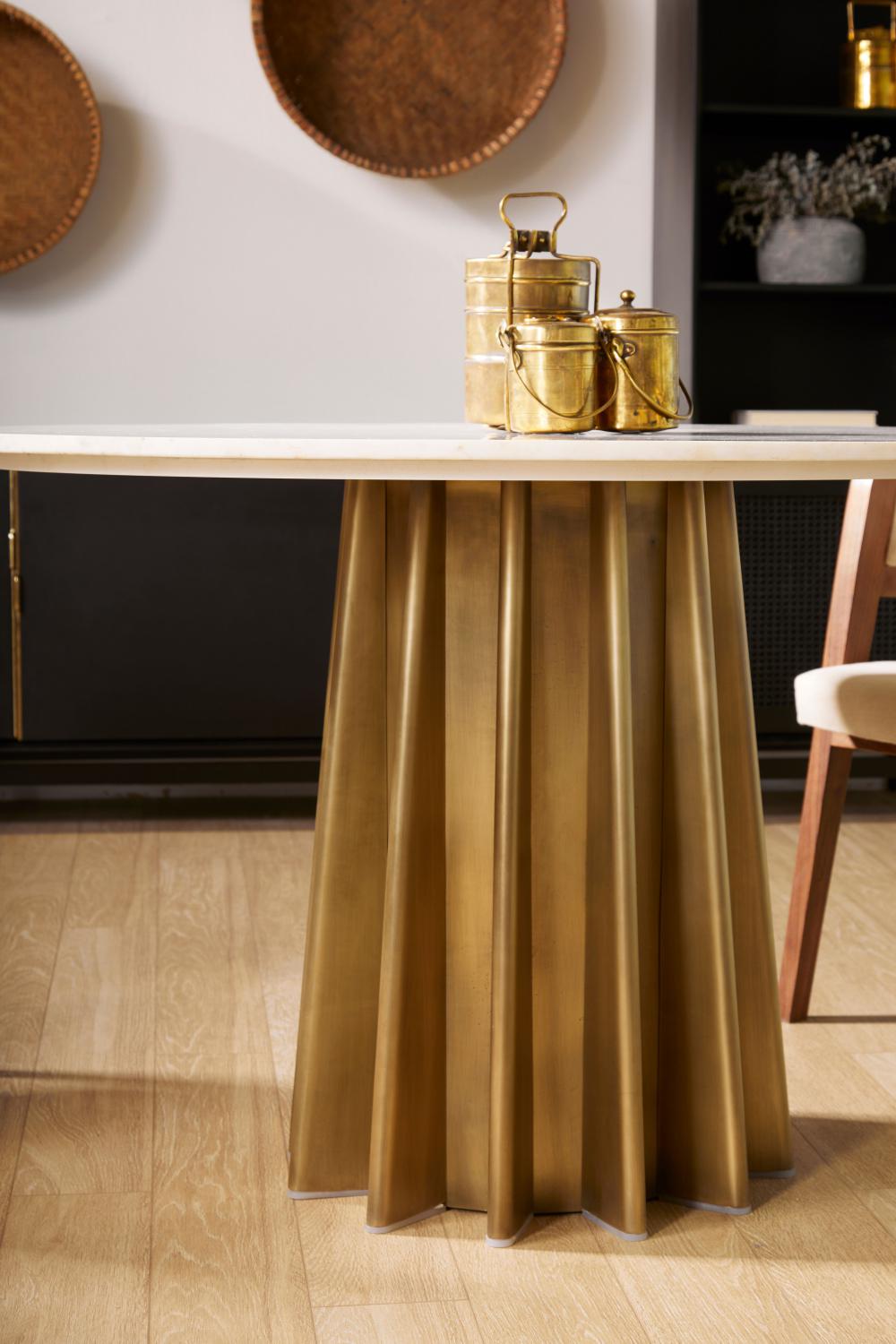 White Marble & Channel Fluted Brass Finish Base Round Dining Table 47 inch