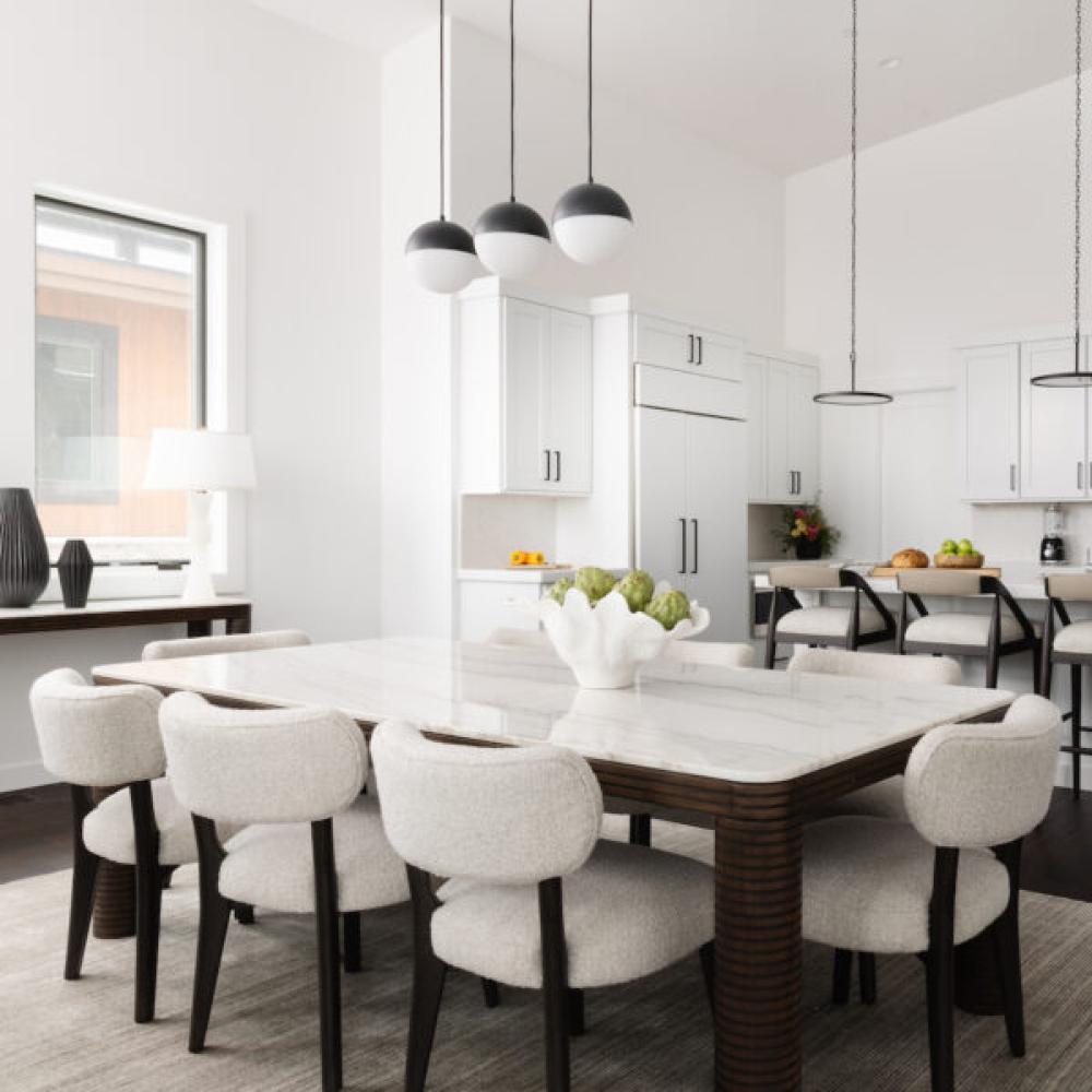 White Marble Top Rectangle Dining Table with Carved Brown Oak Wood Round Legs 95 inch