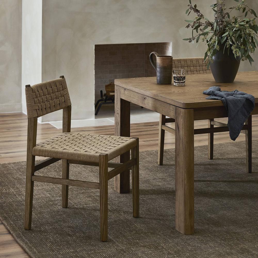 Woven Cord Rush Back Armless Dining Chair Solid Oak Wood