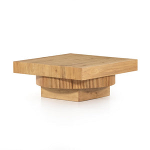 Modern Stacked Reeded Square Coffee Table Honey Oak Wood 40 inch