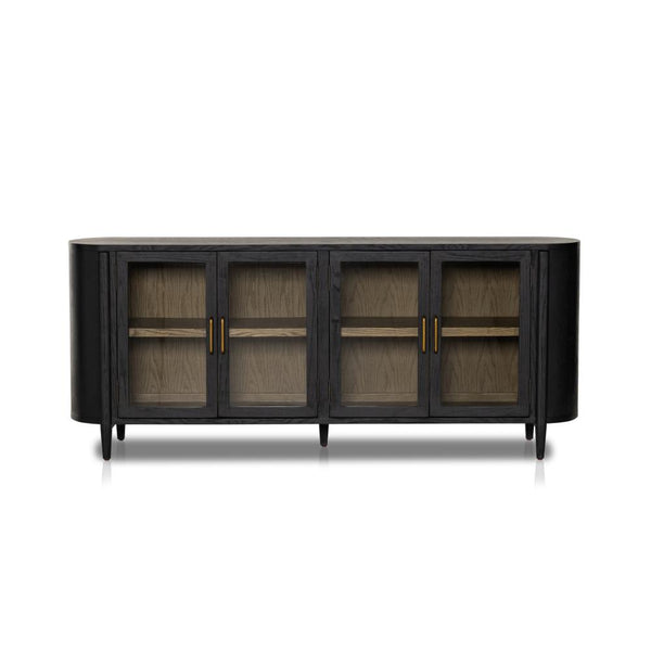 Curved Sideboard Drifted Matte Black Finish Solid Oak 82 inch