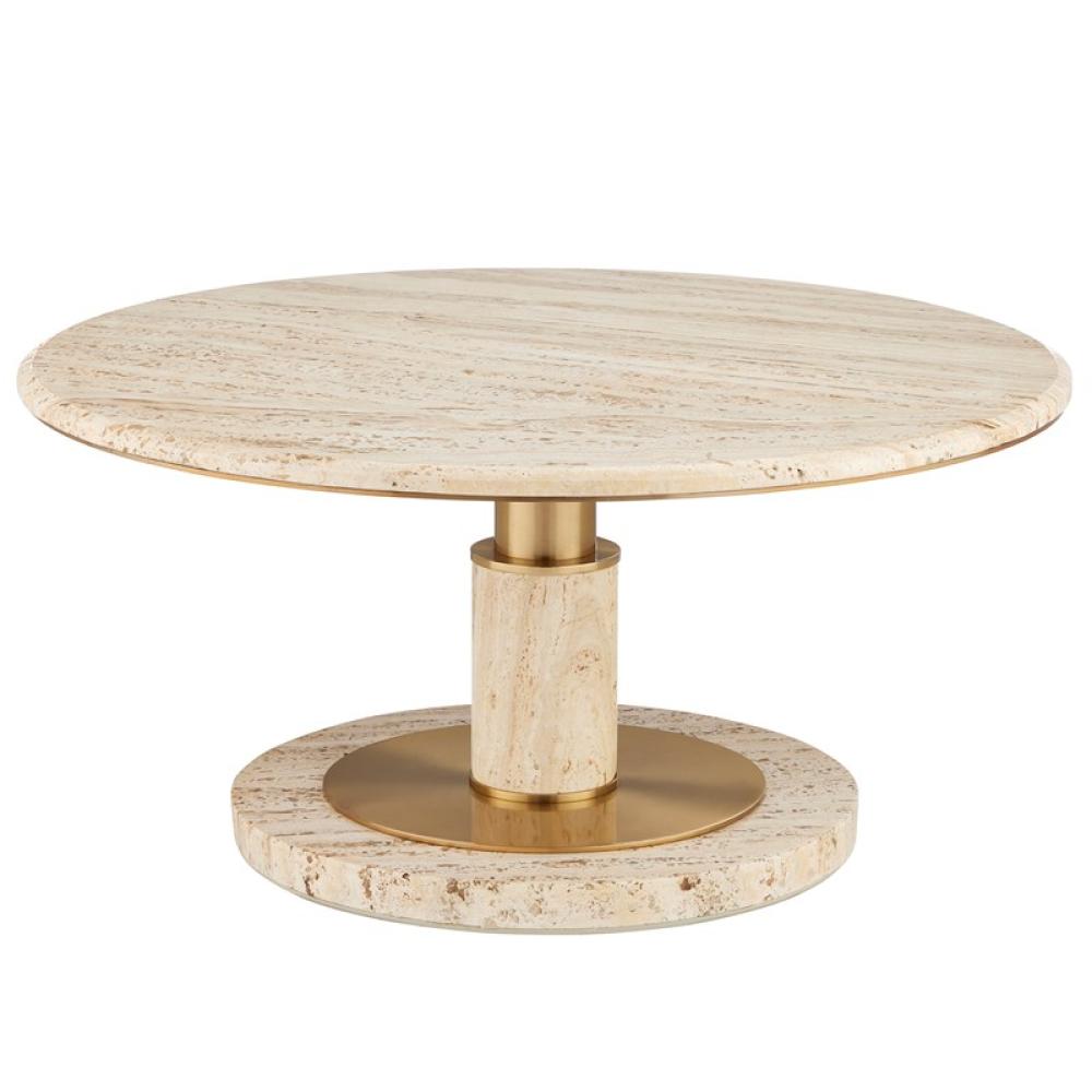 Travertine & Brass Round Pedestal Coffee Table 36 inch