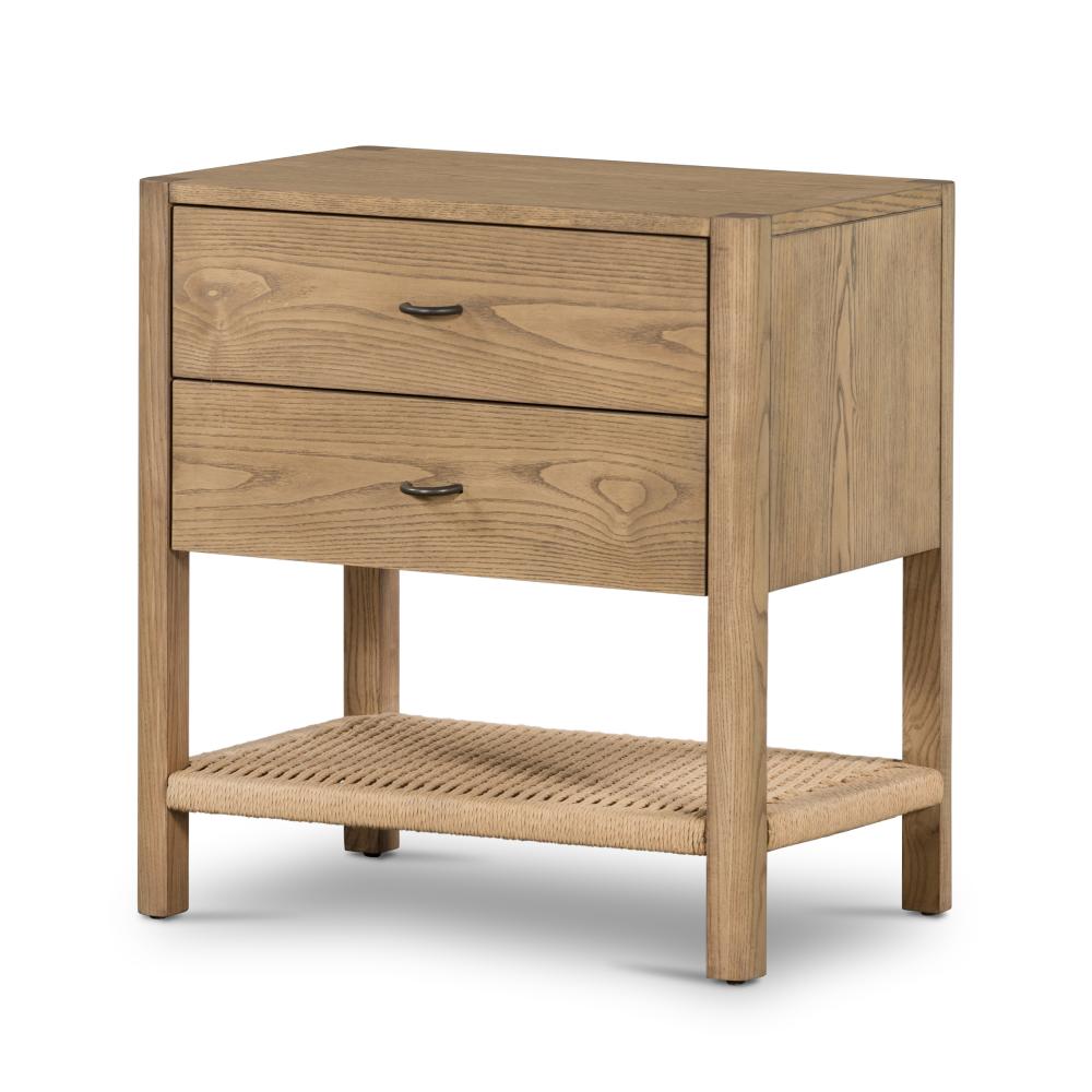 2 Drawer Woven Shelf Nightstand Solid Ash Wood in Dune Finish 24 inch