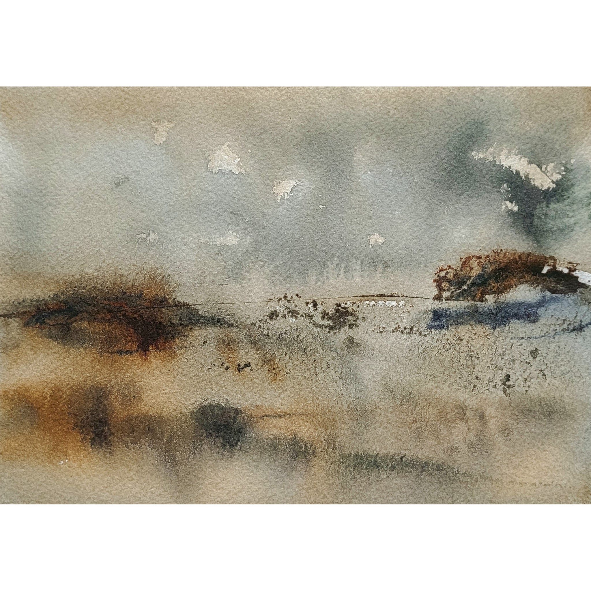 Rust Brown & Blue Abstract Landscape Painting Original Watercolor Art 5 x 7 inch - Warm Wilderness