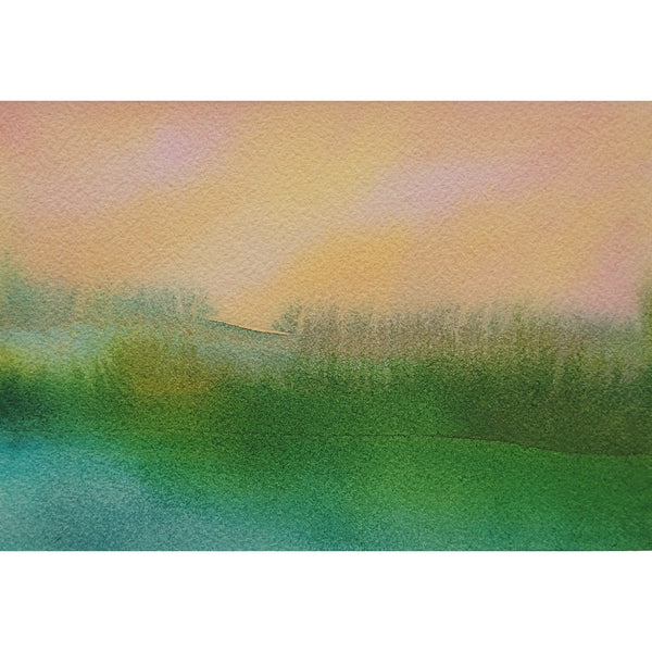 Green Blue & Peach Pink Abstract Landscape Painting Original Watercolor Art 5 x 7 inch - Tropical Lush I