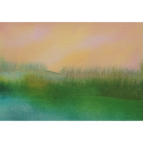 Green Blue & Peach Pink Abstract Landscape Painting Original Watercolor Art 5 x 7 inch - Tropical Lush I