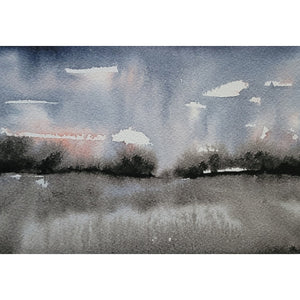 Blue, Black & Gray Abstract Landscape Painting Original Watercolor Art 5 x 7 inch - Celestial Sky
