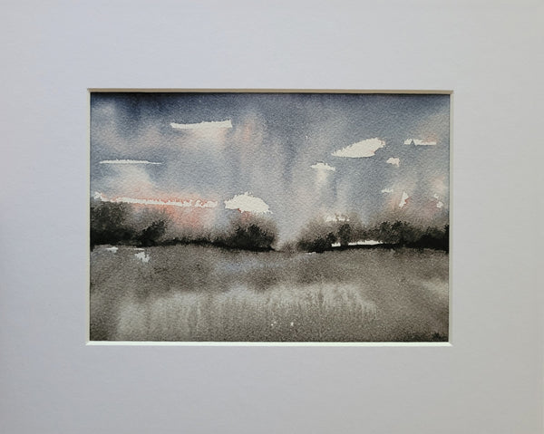 Blue, Black & Gray Abstract Landscape Painting Original Watercolor Art 5 x 7 inch - Celestial Sky