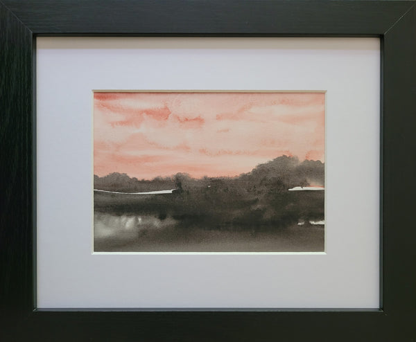 Peach, Gray & Black Abstract Landscape Painting Original Watercolor Art 5 x 7 inch - Peach Sky I