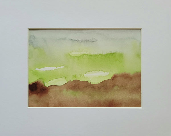 Blue, Green & Rust Abstract Landscape Painting Original Watercolor Art 5 x 7 inch - Meandering Meadow