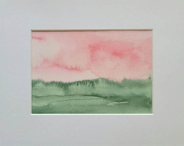 Pink & Teal Green Abstract Landscape Painting Original Watercolor Art 5 x 7 inch - Summer at the Shore