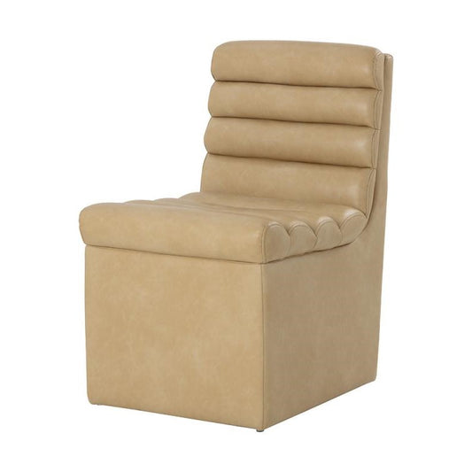 Channel Tufted Bolster Rolled Back Tan Faux Leather Armless Wheeled Dining Chair