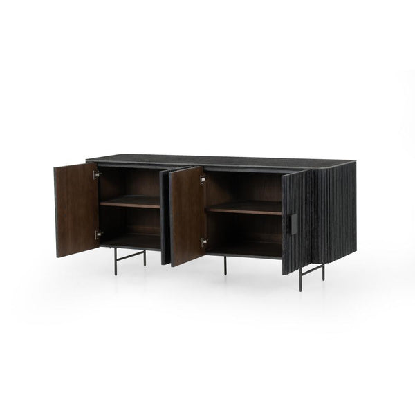 Curved and Slatted Bluestone Top Sideboard in Washed Black Oak 71 inch