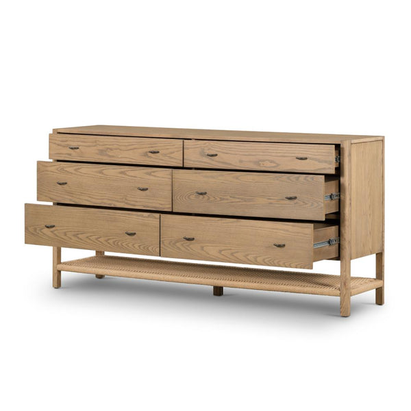 6 Drawer Dresser Solid Ash Wood in Dune Finish 69 inch