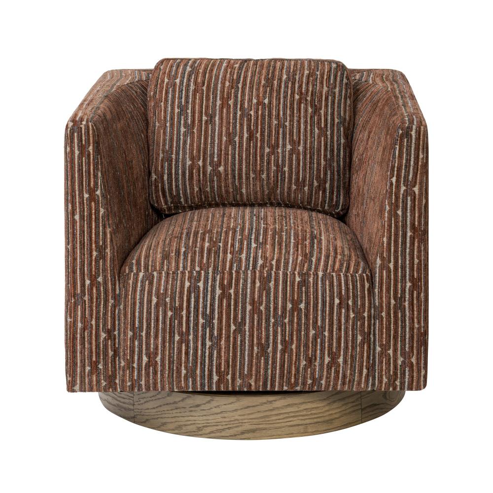 70's Inspired Brown Geometric Patterned Fabric Swivel Accent Chair