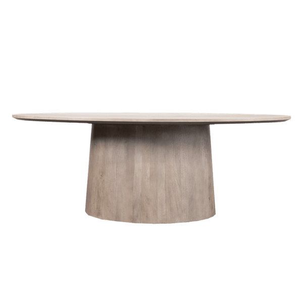 Modern Minimalist Oval Column Dining Table Mango Wood in Misted Ash Finish 84 inch