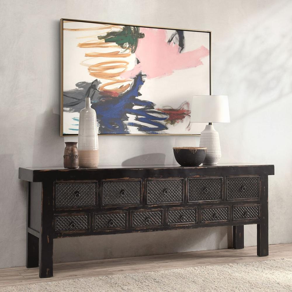 Antique Black Reclaimed Solid Pine Wood Primative Style Buffet Sideboard with Drawers 93 inch