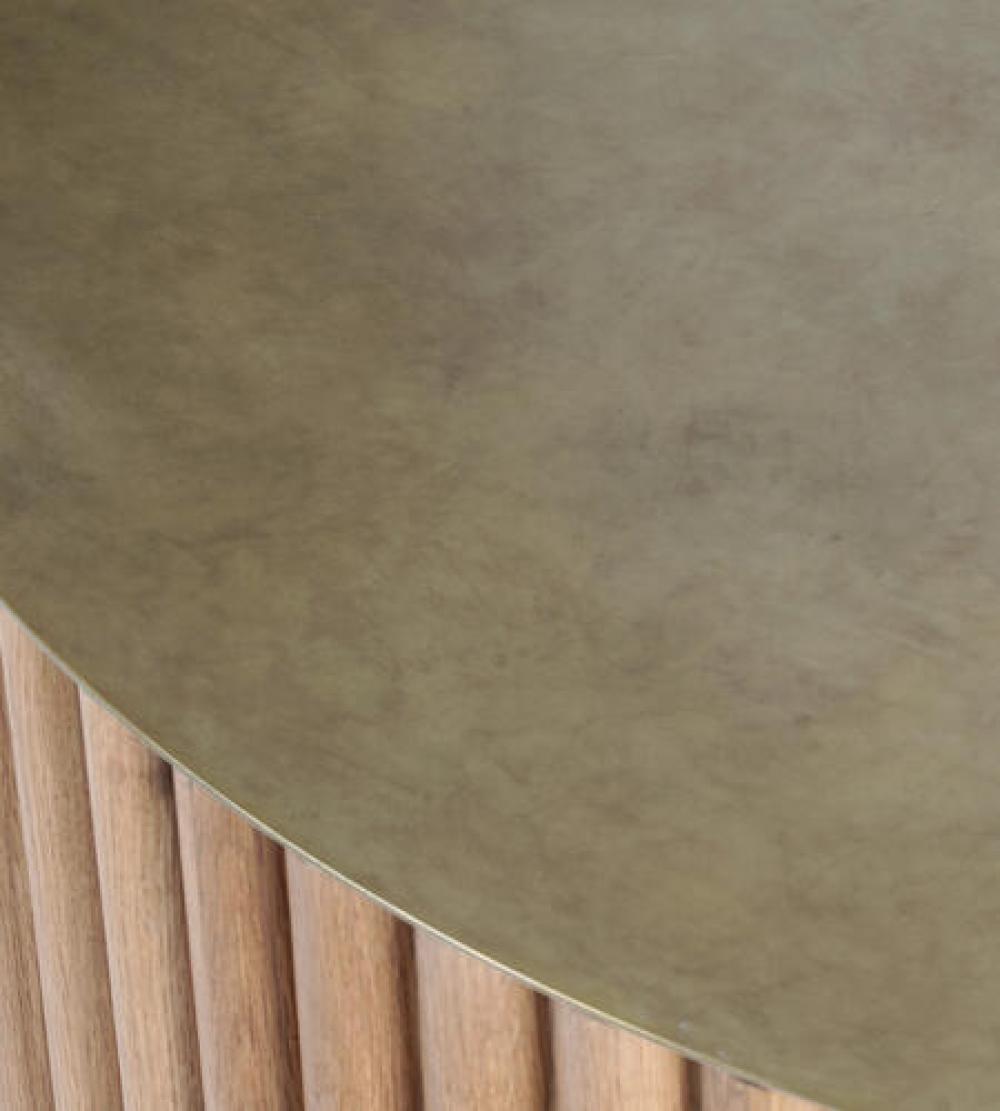 Antiqued Brass Top Reeded Round Oak Wood Coffee Table 37 inch