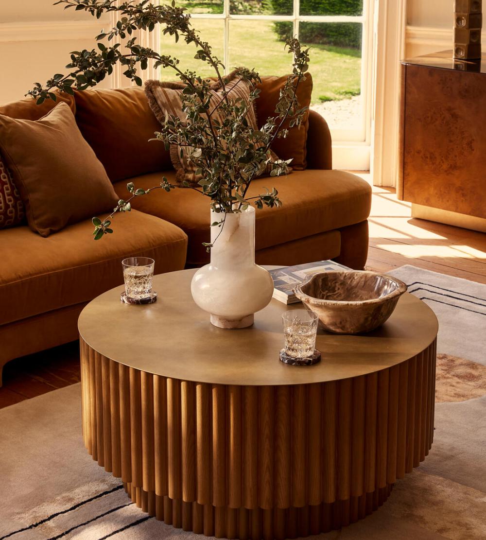 Antiqued Brass Top Reeded Round Oak Wood Coffee Table 37 inch