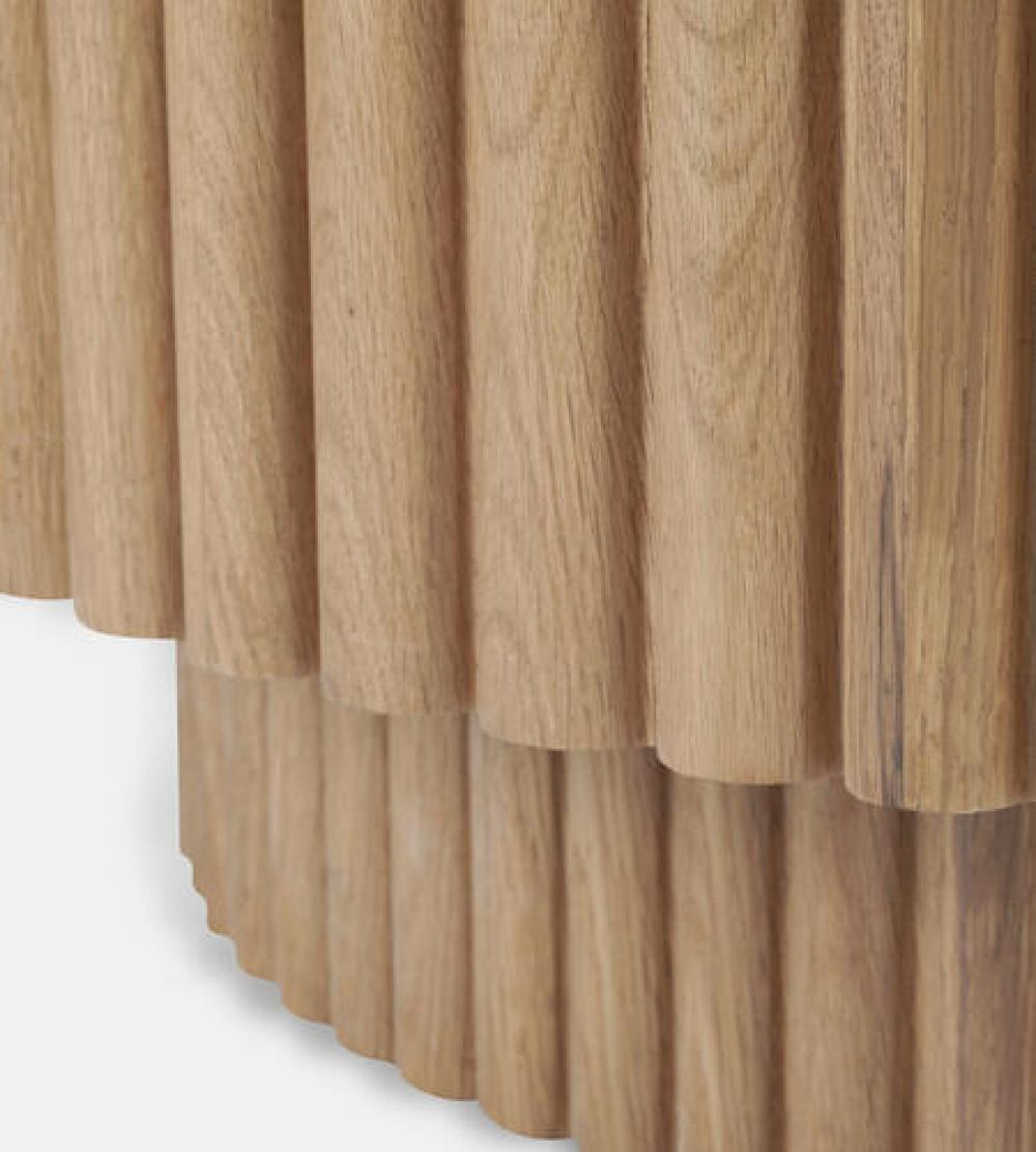 Antiqued Brass Top Reeded Round Oak Wood Coffee Table 37 inch