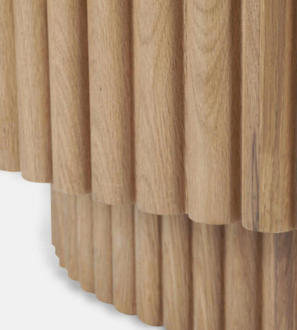 Antiqued Brass Top Reeded Round Oak Wood Coffee Table 37 inch