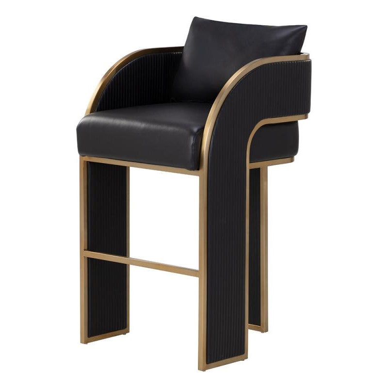 Art Deco Style Black Faux Leather & Gold Bar Stool