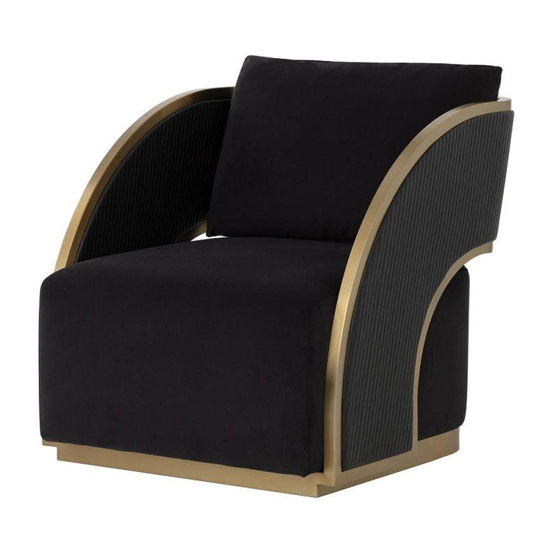 Art Deco Style Black Faux Leather & Gold Swivel Lounge Chair