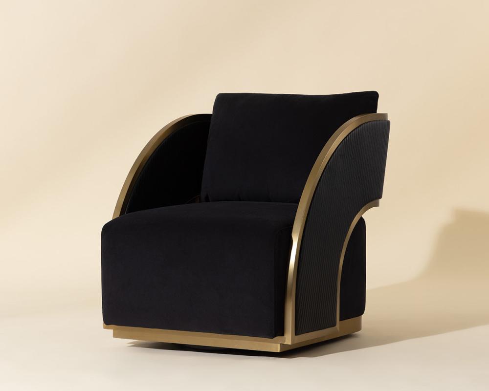 Art Deco Style Black Faux Leather & Gold Swivel Lounge Chair