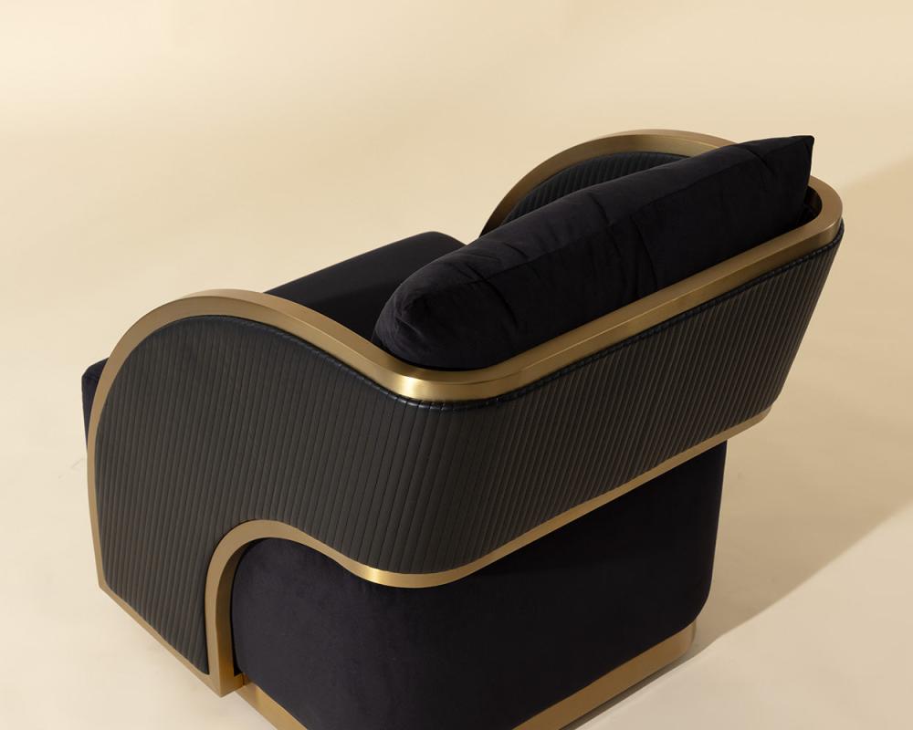 Art Deco Style Black Faux Leather & Gold Swivel Lounge Chair