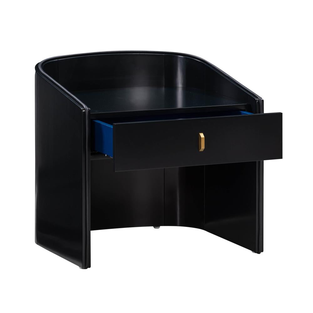 Art Deco Style Curved Black Lacquer 1 Drawer Nightstand 22 inch