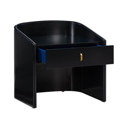 Art Deco Style Curved Black Lacquer 1 Drawer Nightstand 22 inch
