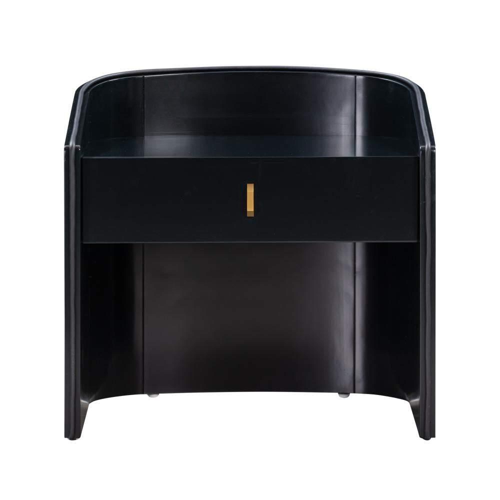 Art Deco Style Curved Black Lacquer 1 Drawer Nightstand 22 inch