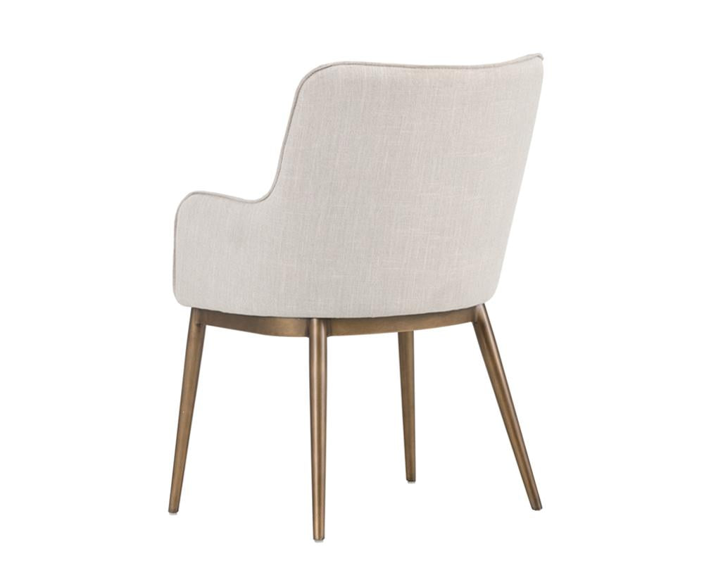 Barrel Back Dining Armchair Beige Linen & Antique Brass Steel Frame