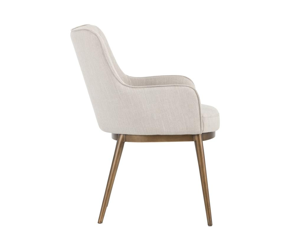 Barrel Back Dining Armchair Beige Linen & Antique Brass Steel Frame