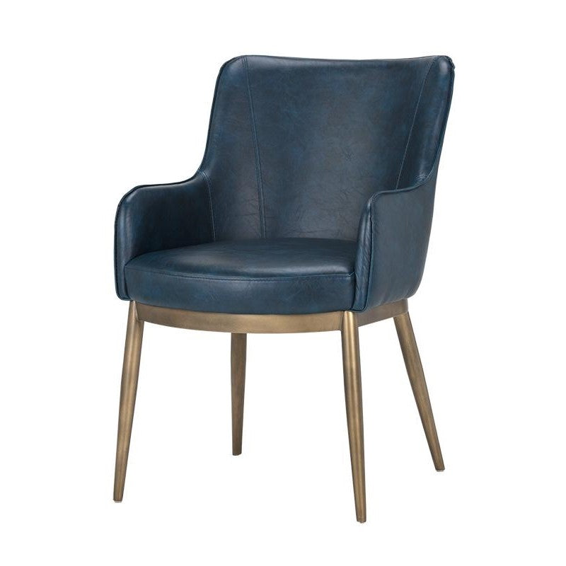 Barrel Back Dining Armchair Blue Faux Leather & Antique Brass Steel Frame