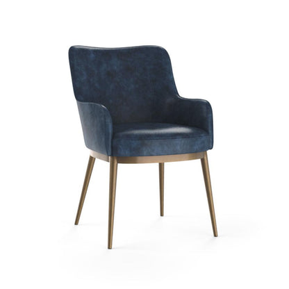 Barrel Back Dining Armchair Blue Faux Leather & Antique Brass Steel Frame