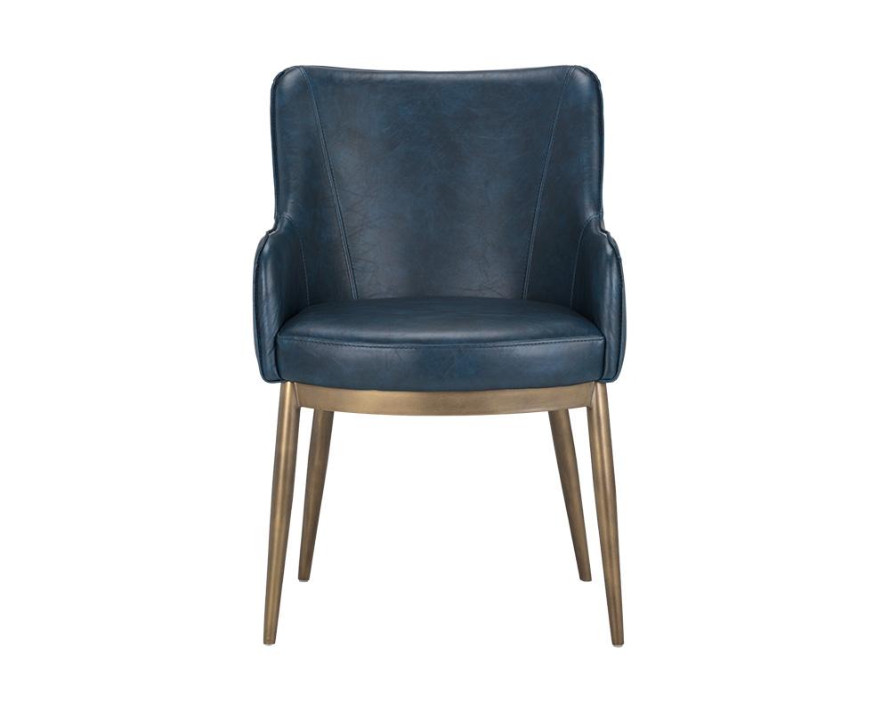 Barrel Back Dining Armchair Blue Faux Leather & Antique Brass Steel Frame