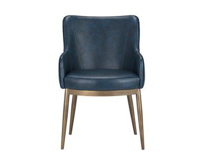 Barrel Back Dining Armchair Blue Faux Leather & Antique Brass Steel Frame