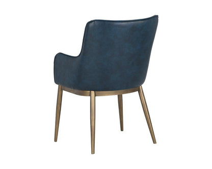 Barrel Back Dining Armchair Blue Faux Leather & Antique Brass Steel Frame