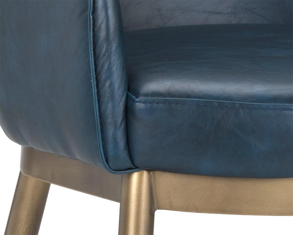 Barrel Back Dining Armchair Blue Faux Leather & Antique Brass Steel Frame